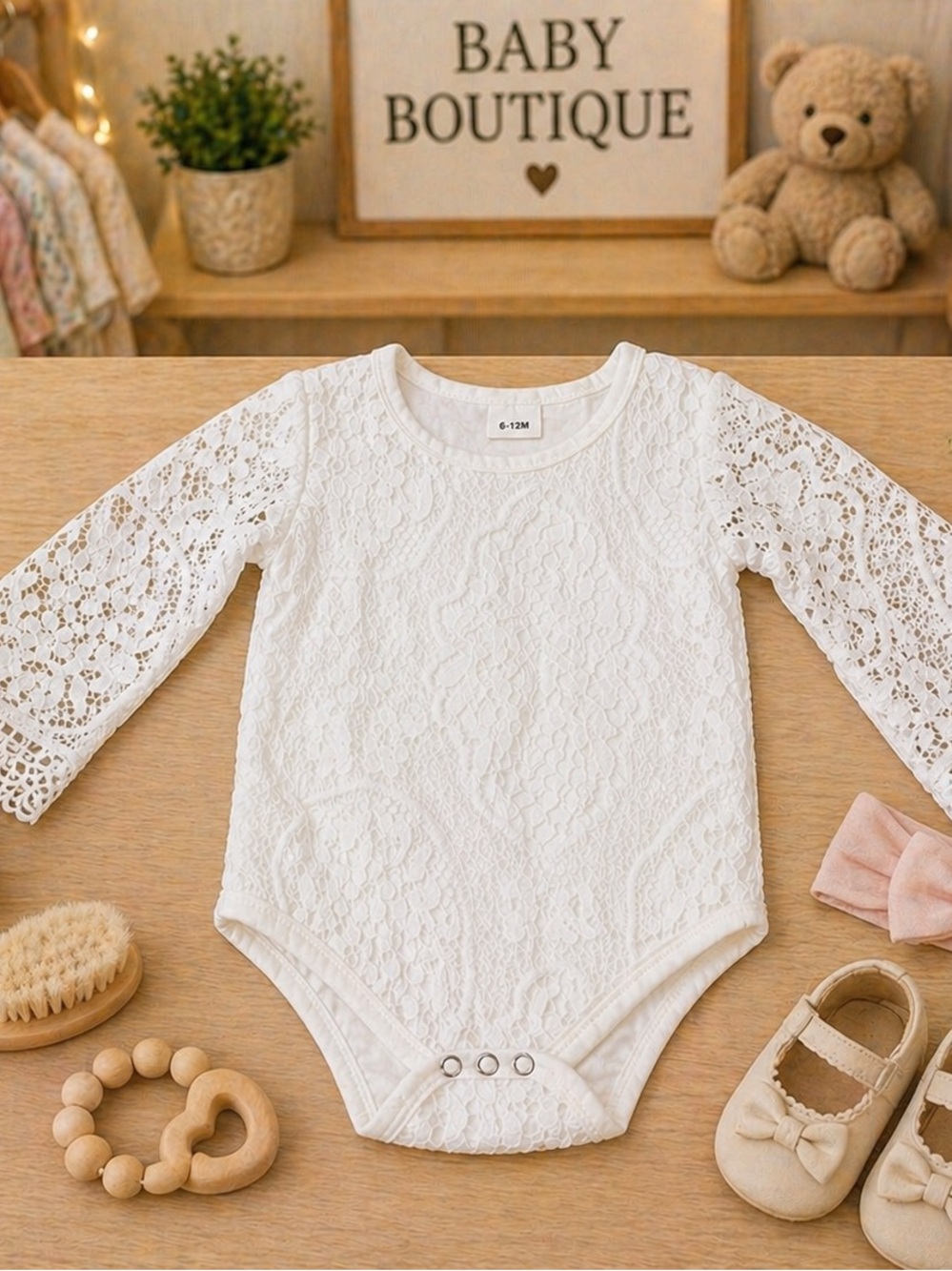 Lace Long Sleeve Baby One Piece Bodysuit, 6-12 Months